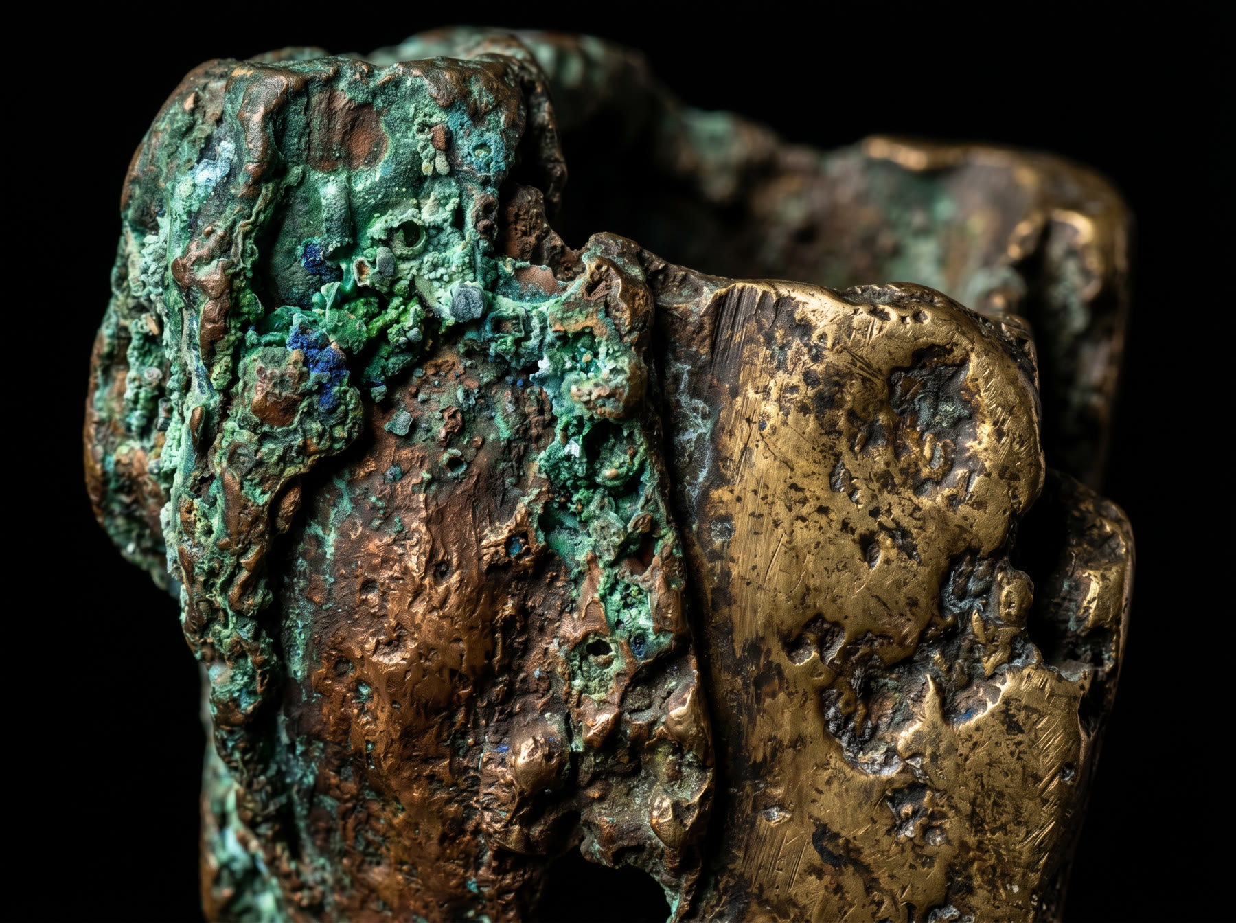 Bronzo e ottone ossidati con patina verde